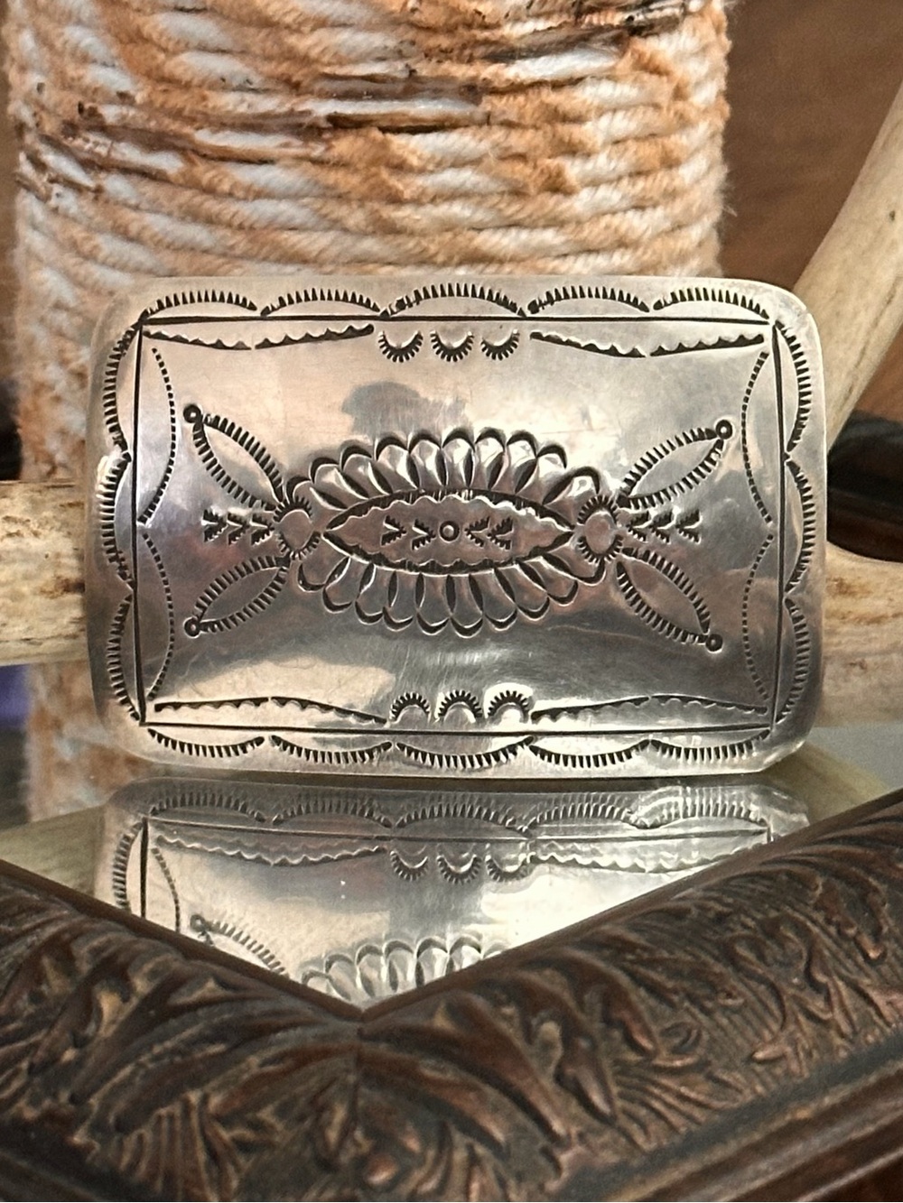 Native Sterling Silver Rectangular Belt Buckle - Intricate Stamped Design - Picture 2 of 6